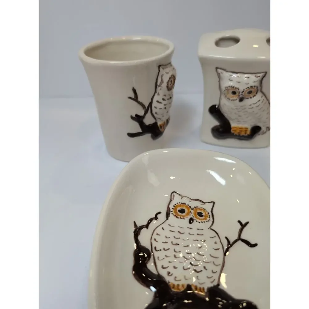 Vintage Ceramic 3D Owl Bathroom Set 1970's Hand painted